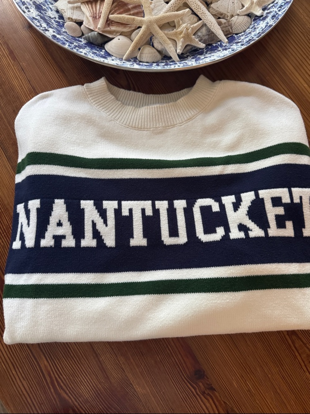 Nantucket Crewneck Sweater - White with Navy & Green Stripes